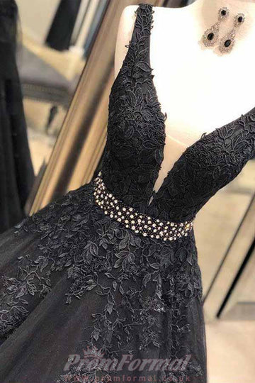 Princess V Neck Black Lace Long Prom Dress with Beading JTA7131