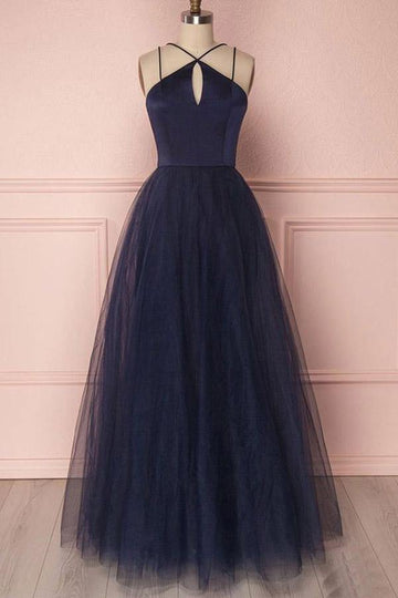 A Line Cross Neck Tulle Dark Navy Long Prom Dress JTA7171