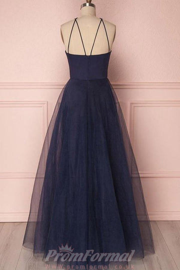 A Line Cross Neck Tulle Dark Navy Long Prom Dress JTA7171