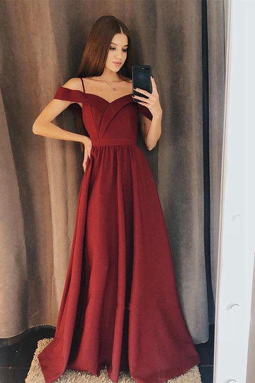 A Line Off The Shoulder Burgundy Satin Prom Dress JTA7181