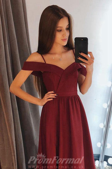 A Line Off The Shoulder Burgundy Satin Prom Dress JTA7181