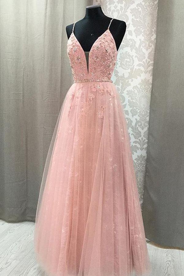 A Line V Neck Spaghetti Straps Blush Pink Lace Prom Dress JTA7201