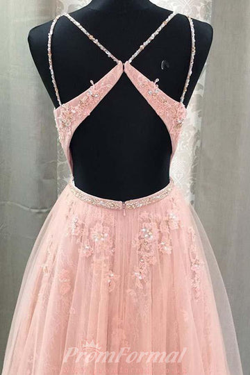 A Line V Neck Spaghetti Straps Blush Pink Lace Prom Dress JTA7201