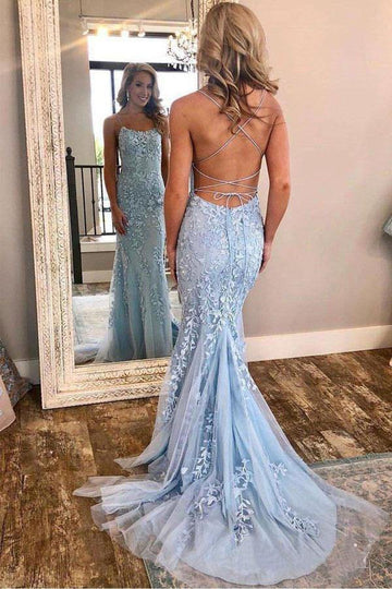 Mermaid Spaghetti Straps Light Blue Lace Evening Dress JTA7211