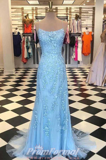 Mermaid Spaghetti Straps Light Blue Lace Evening Dress JTA7211