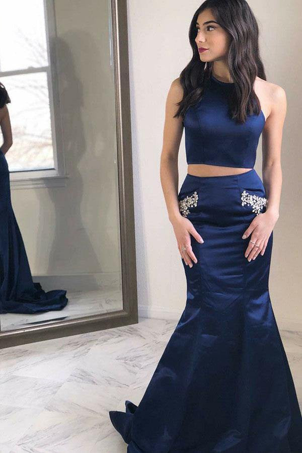 Two Piece Mermaid Navy Blue Satin Prom Dress with Pockets JTA7221