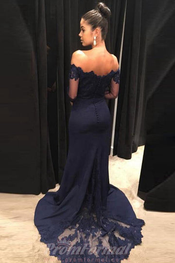 Long Sleeves Mermaid Navy Blue Off The Shoulder  Prom Dress JTA7231