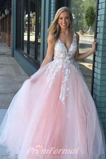A Line V Neck Pink Tulle Prom Dress With Lace Applique JTA7281