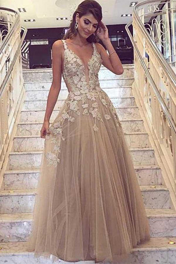 A Line Deep V Neck Tulle Prom Dress with Lace Appliques JTA7291