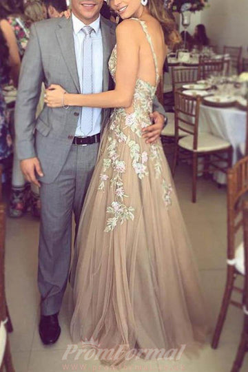 A Line Deep V Neck Tulle Prom Dress with Lace Appliques JTA7291