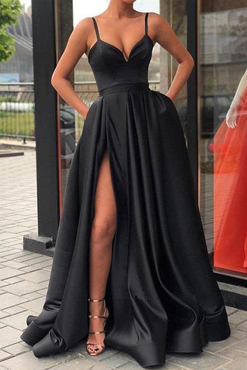 A Line Sweetheart Spaghetti Straps Black Satin Split Prom Dress JTA7301