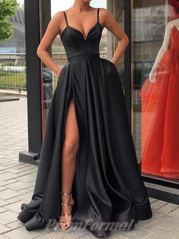 A Line Sweetheart Spaghetti Straps Black Satin Split Prom Dress JTA7301