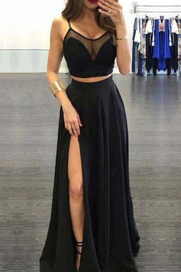 Spaghetti Straps Black Two Piece Sexy Side Slit Prom Dress JTA7311