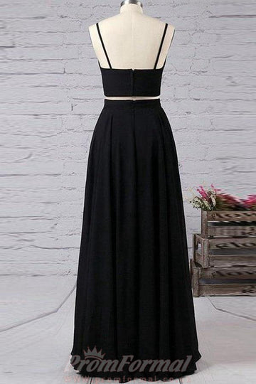 Spaghetti Straps Black Two Piece Sexy Side Slit Prom Dress JTA7311