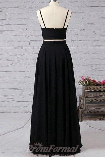 Spaghetti Straps Black Two Piece Sexy Side Slit Prom Dress JTA7311