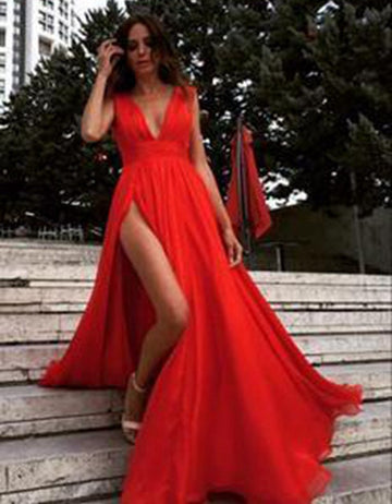 Sexy Red Split Deep V Neck Chiffon Evening Formal Dress JTA7331