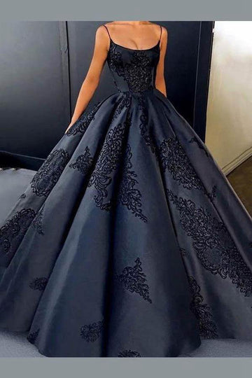 Ball Gown Black Straps Prom Dress With Lace Applique JTA7351