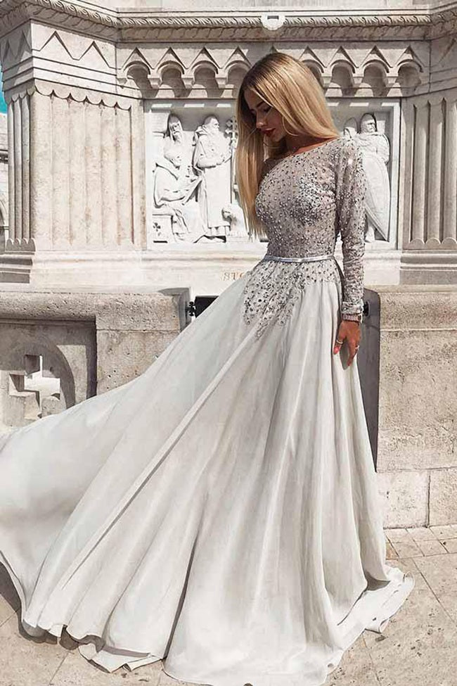 Grey Silver Long Sleeve Beading Prom Dress JTA7391