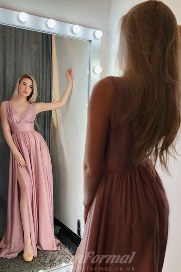 A Line V Neck Sleeves Pink Satin Evening Dress with Split JTA7441