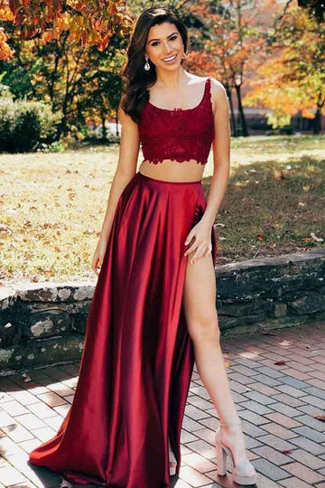 Two Pieces Burgundy Split Criss Cross Back Prom Dress JTA7451