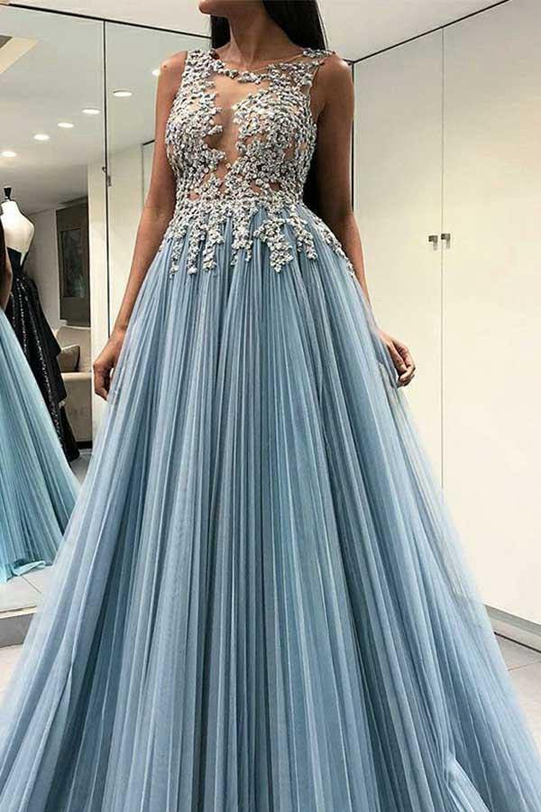 A Line Dusty Blue Prom Dress with Appliques JTA7471