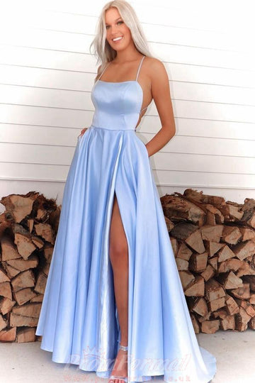 Sexy High Slit Spaghetti Straps Light Blue Evening Dress JTA7501