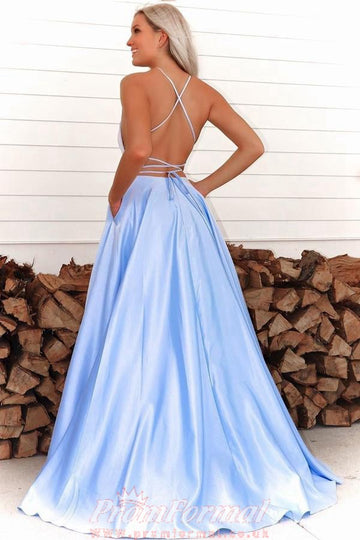 Sexy High Slit Spaghetti Straps Light Blue Evening Dress JTA7501