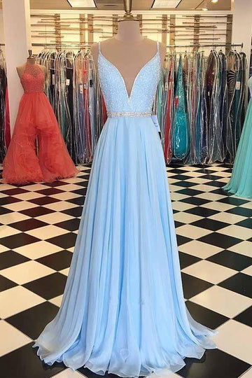 V Neck Straps Light Blue Prom Dress with Beading JTA75511