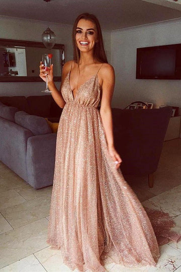 A Line Sparkle Rose Gold Long Evening Dress JTA7571