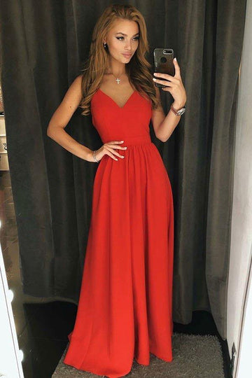 A Line V Neck Red Satin Prom Dress JTA7601