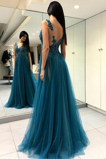 A Line V Neck Split Ink Blue Tulle Prom Dress JTA7631