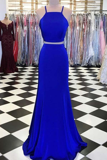 Mermaid Two Piece Halter Royal Blue Long Prom Dress JTA7711