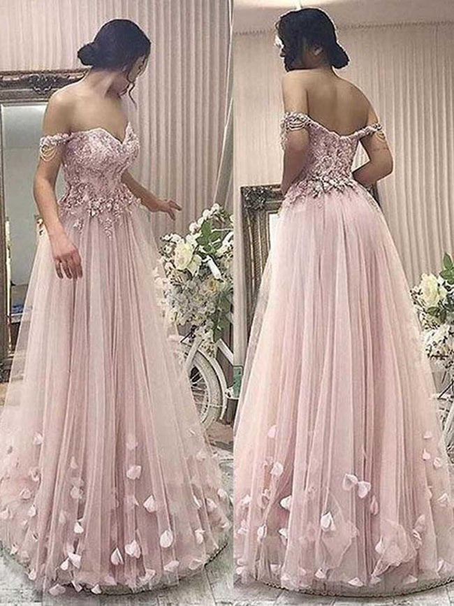 Princess Off the Shoulder Sweetheart Pink Lace Flower Prom Dress JTA77