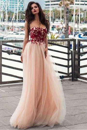 Blush Pink Lace Appliqued Tulle Prom Dress JTA7751