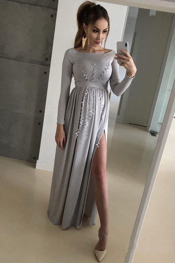 Long Sleeve Silver Side Slit Formal Dress JTA7781
