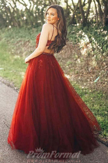 A Line Spaghetti Straps Burgundy Prom Dress with Appliques Beading JTA7791