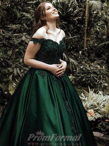 Off The Shoulder Dark Green Princess Prom Dress with Appliques JTA7841