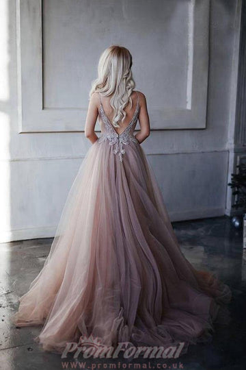 Princess Spaghetti Straps V Neck Prom Dress with Appliques JTA7871