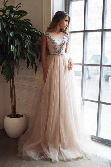 A Line Tulle Illusion Neck Pink Prom Dress with Appliques JTA7901