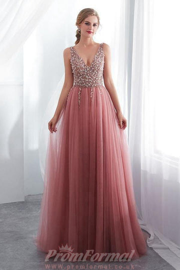 A Line V Neck Sexy Evening Formal Dress with Beading JTA7911