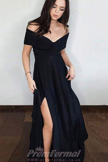 A Line Off The Shoulder Side Split Black Satin Evening Dress JTA7941