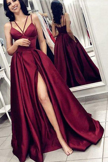 V Neck Spaghetti Straps Burgundy Satin Split Prom Dress with Pockets JTA7981