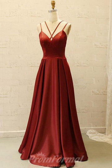 V Neck Spaghetti Straps Burgundy Satin Split Prom Dress with Pockets JTA7981