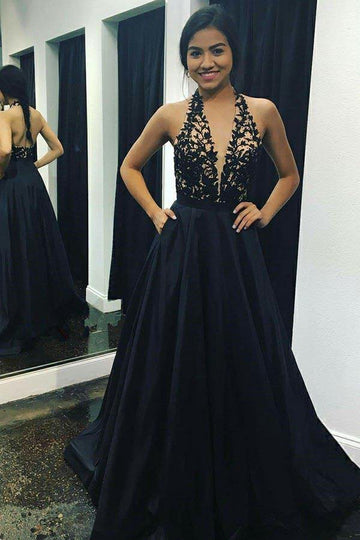 A Line V Neck Black Satin Prom Dress with Pockets JTA7991