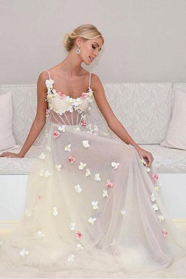A Line Spaghetti Straps Ivory Tulle Prom Dress with Flowers JTA8041