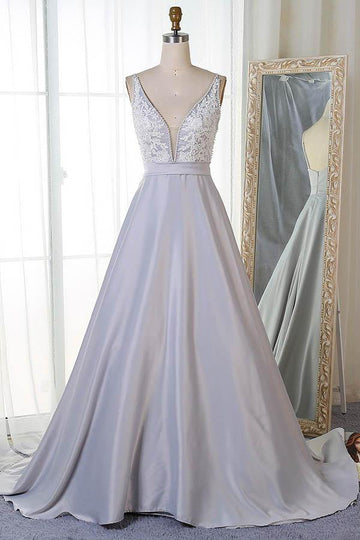 A Line V Neck Silver Grey Satin Prom Dress with Appliques JTA8061