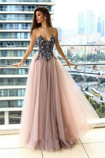 A Line Illusion Blush Prom Dress with Appliques Beading JTA8111