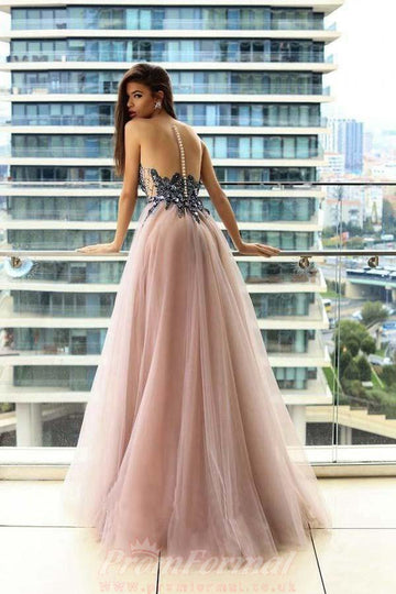 A Line Illusion Blush Prom Dress with Appliques Beading JTA8111