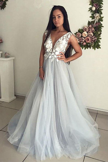 V Neck Lace Appliques Tulle Prom Dress JTA8131