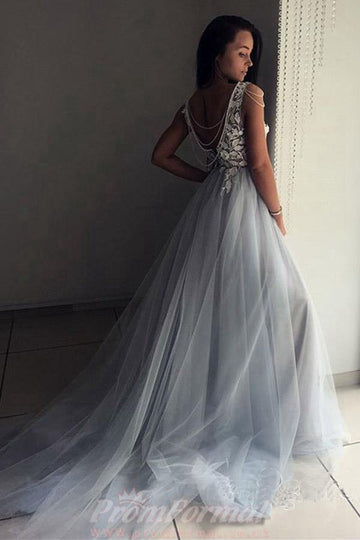 V Neck Lace Appliques Tulle Prom Dress JTA8131